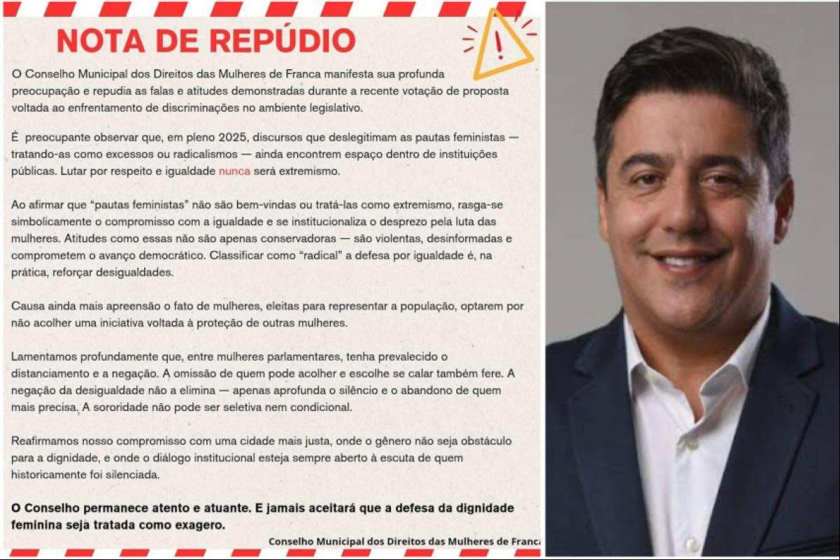 À esquerda, a nota publicada pelo Conselho Municipal dos Direitos das Mulheres; à direita, o vereador Fransérgio Garcia