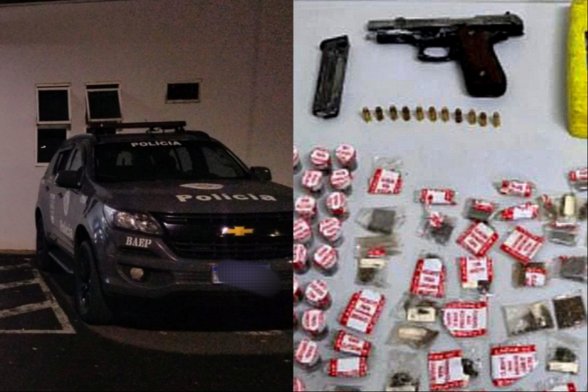 As drogas e a arma do homem foram apreendidas.