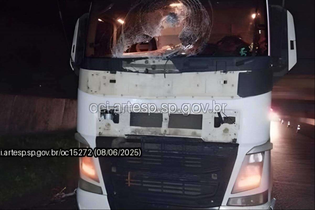 Frente da carreta ficou comprometida após ser atingida pela vítima