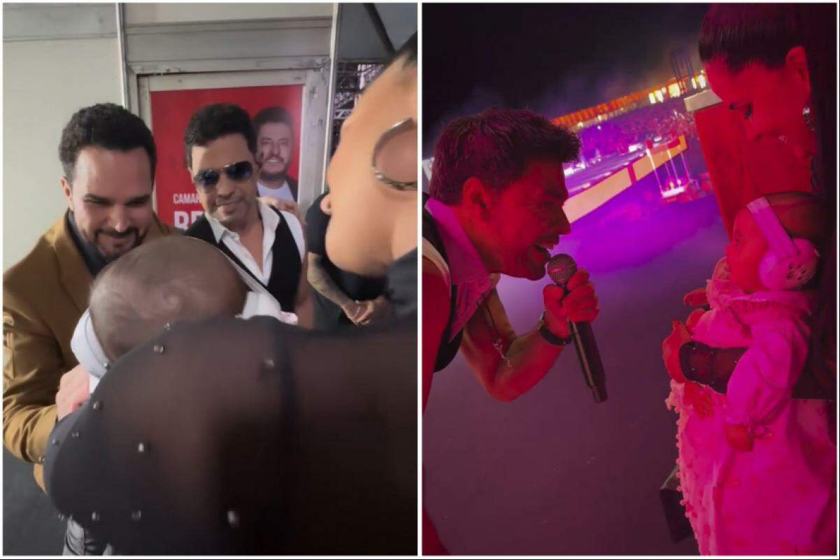 Luciano interagindo com Clara; Zezé sorri ao ver a filha acompanhando o show